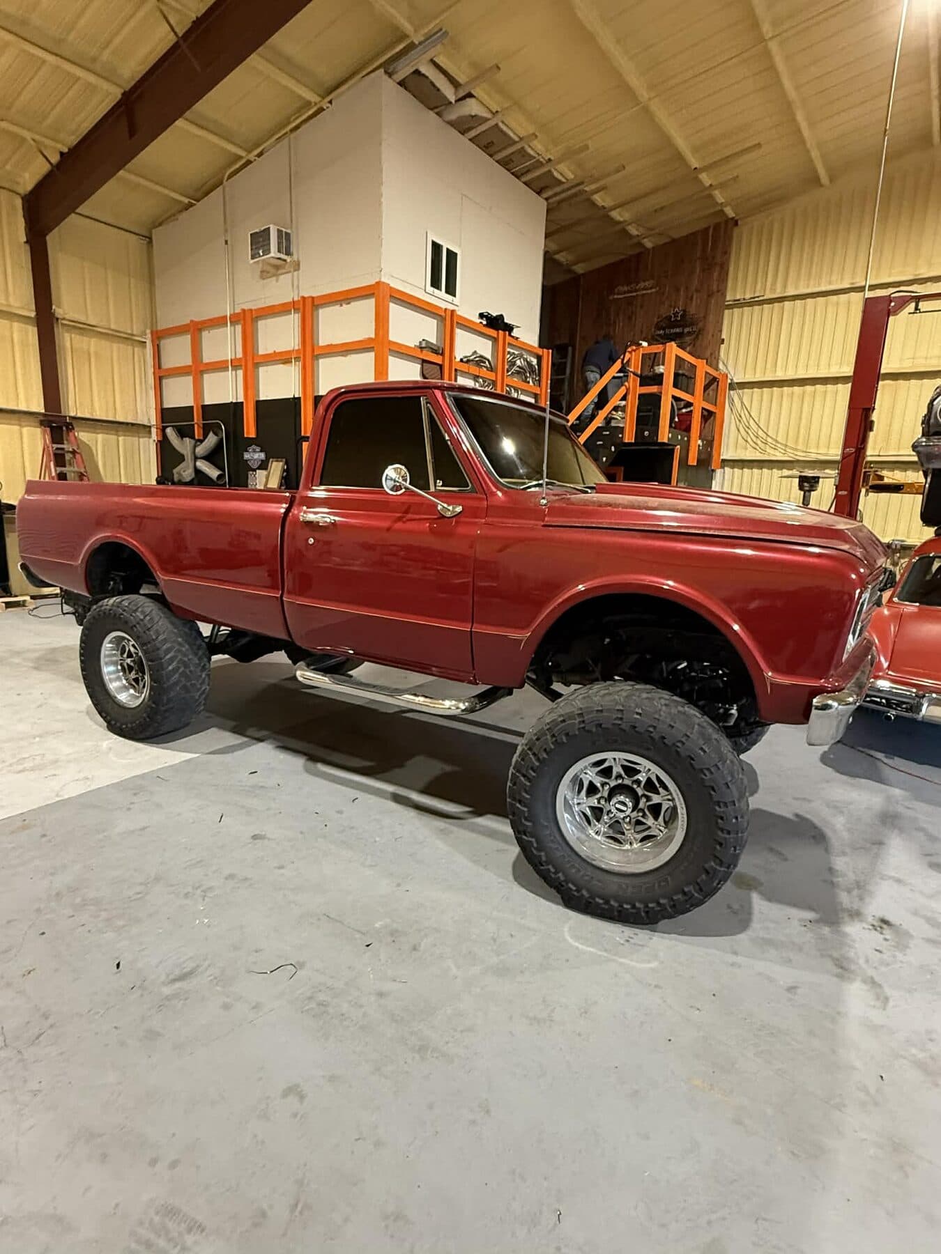 Classic lifted Chevrolet being built inside the Superior shop
